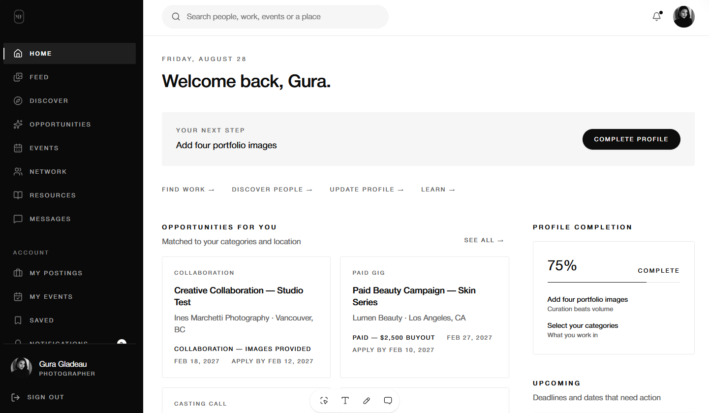 The Models Founded Hub dashboard — opportunities, casting calls and profile completion in one workspace